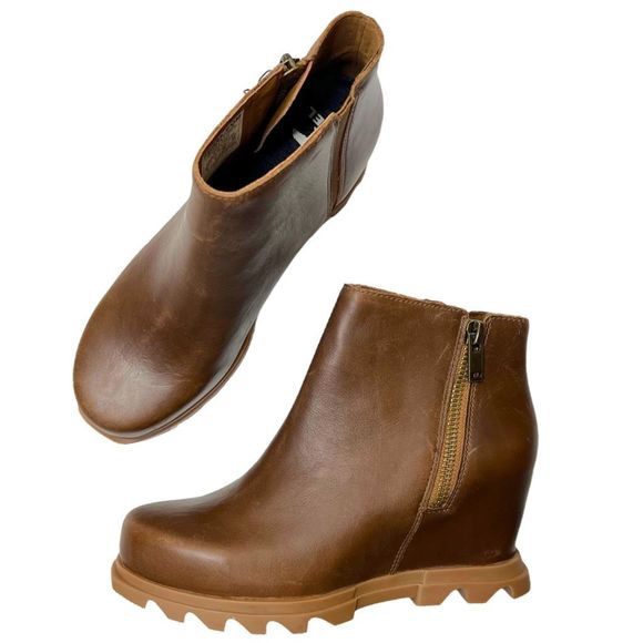 NEW Sorel Joan Of Arctic Wedge III Zip Bootie Brown Hazelnut Leather Boot Size 8 - Picture 1 of 9